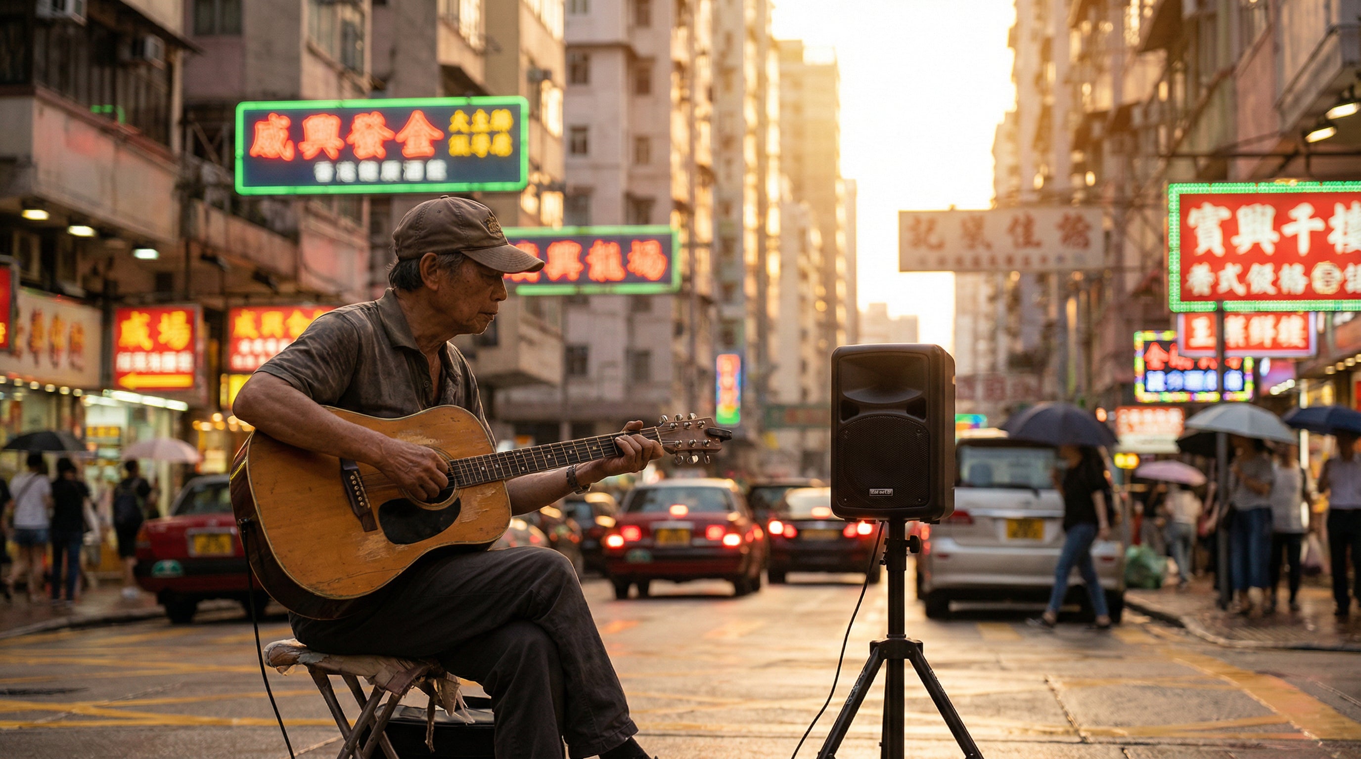 香港街頭 Busking 表演者使用流動 PA 喇叭進行演出