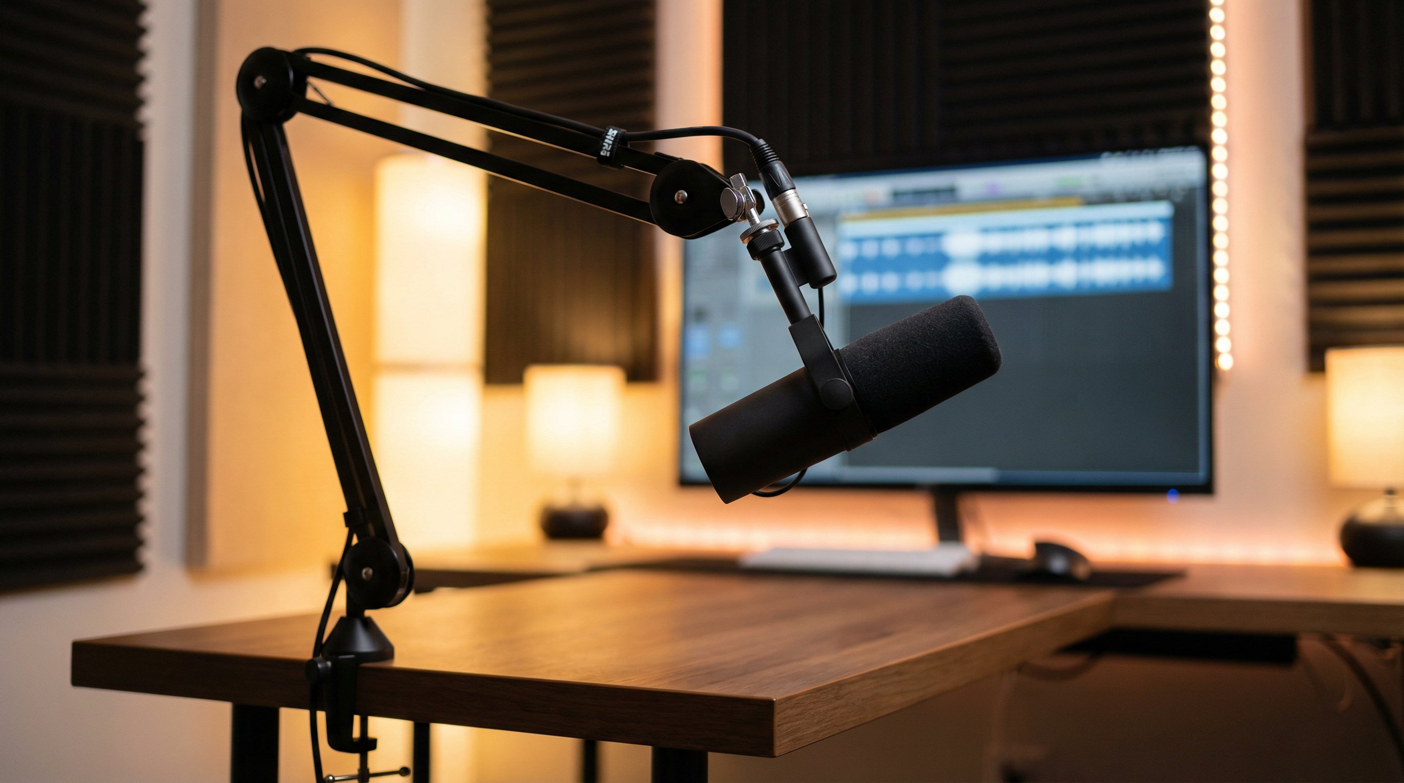 專業 Podcast 錄音室設置，動圈廣播咪高峰配桌面懸臂支架