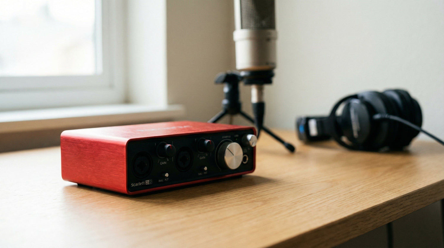 Focusrite Scarlett 錄音介面放在書桌上，旁邊有電容咪高峰和監聽耳機