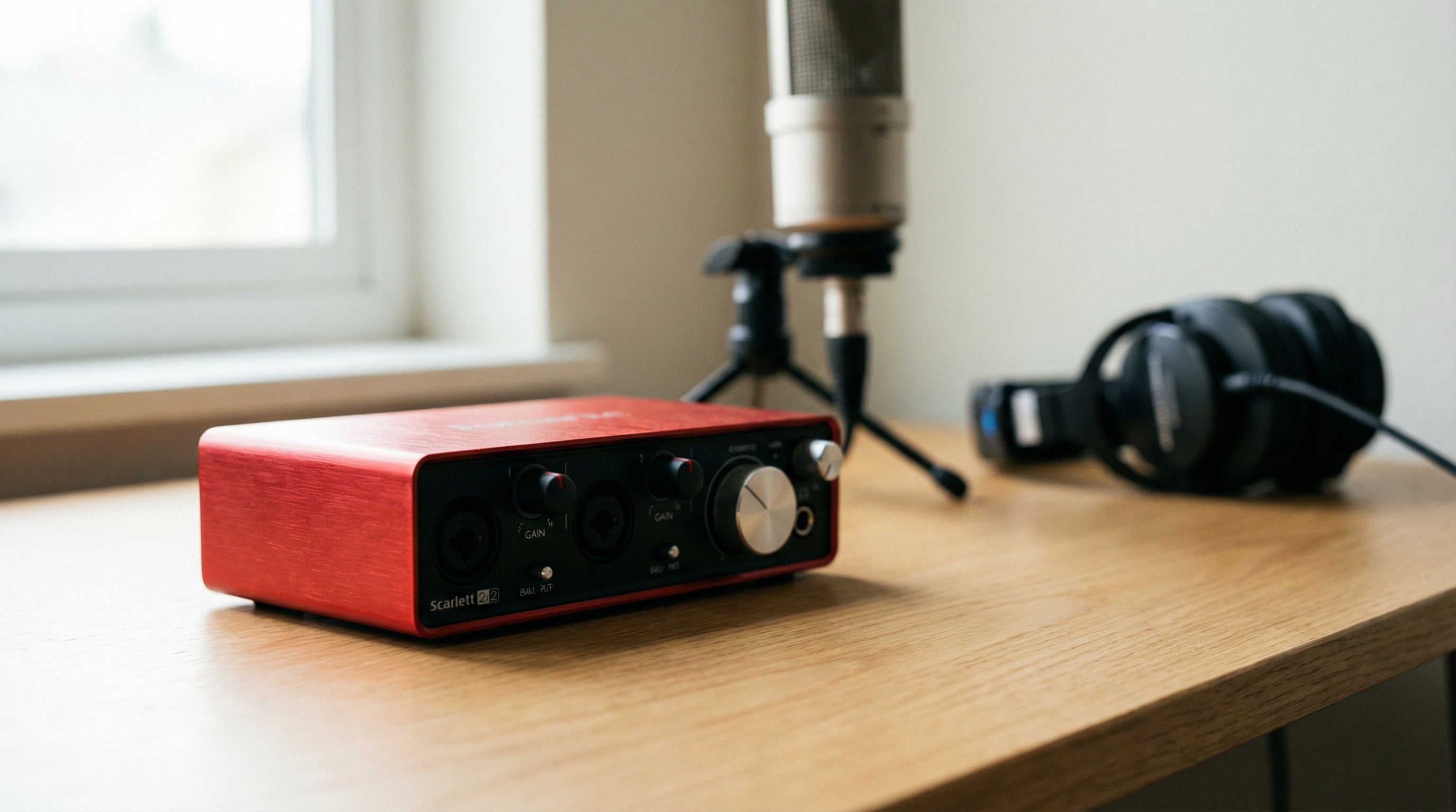 Focusrite Scarlett 錄音介面放在書桌上，旁邊有電容咪高峰和監聽耳機