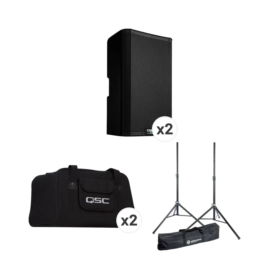 QSC K10.2 喇叭套裝，包括: QSC K10.2 喇叭 (2只) + K10 Tote bag (2個) + K&M 21449 喇叭架套裝 (2支喇叭架 + 1個袋)