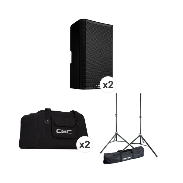 QSC K10.2 喇叭套裝，包括: QSC K10.2 喇叭 (2只) + K10 Tote bag (2個) + K&M 21449 喇叭架套裝 (2支喇叭架 + 1個袋)